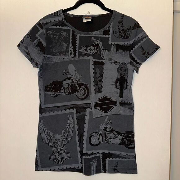 Harley Davidson Smokey Mountains Womens Grey Motorcycle Pattern Tee Size Medium - Picture 1 of 11